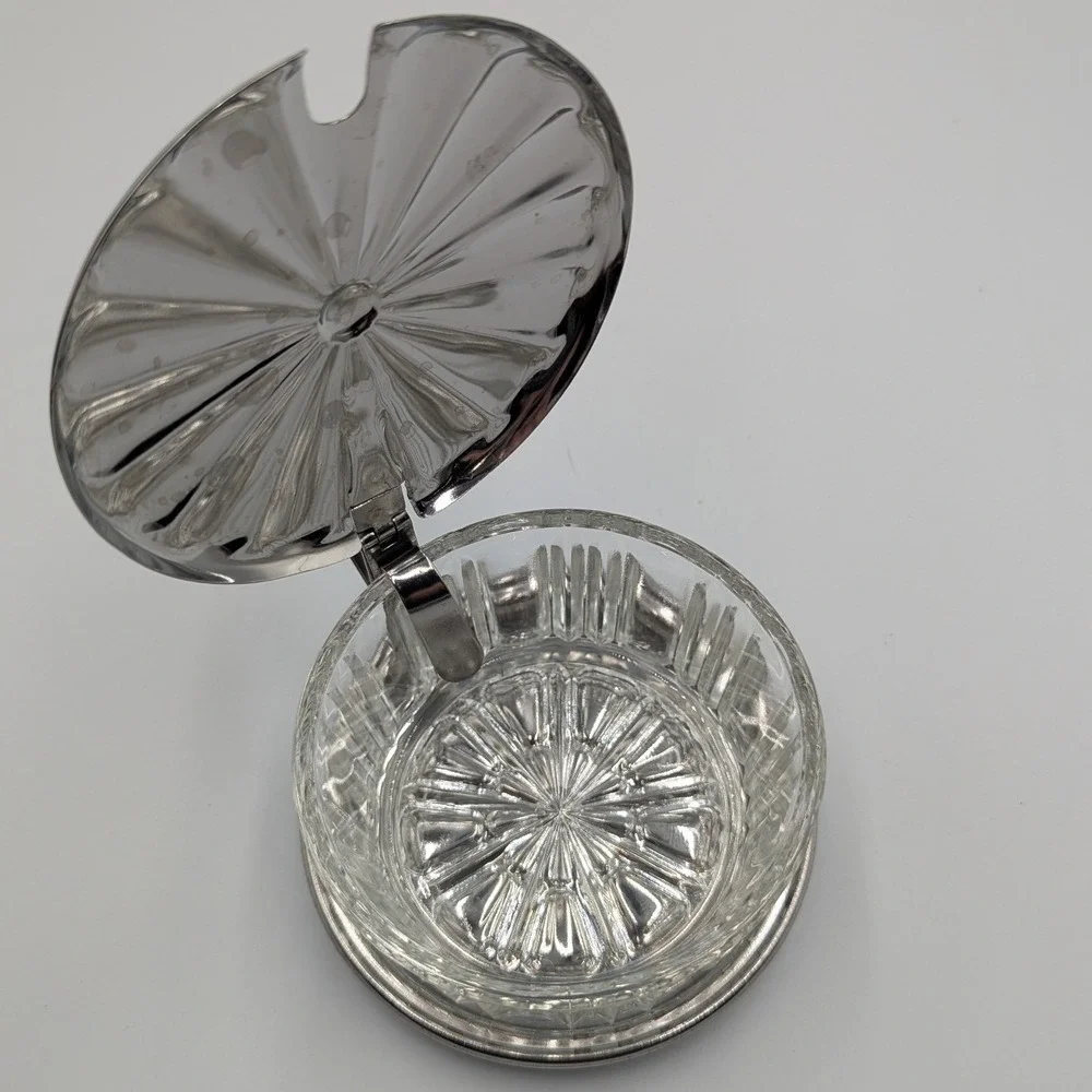 Vintage Jam Jar Glass and Chrome Fluted Hinged Lid Condiment Server OS